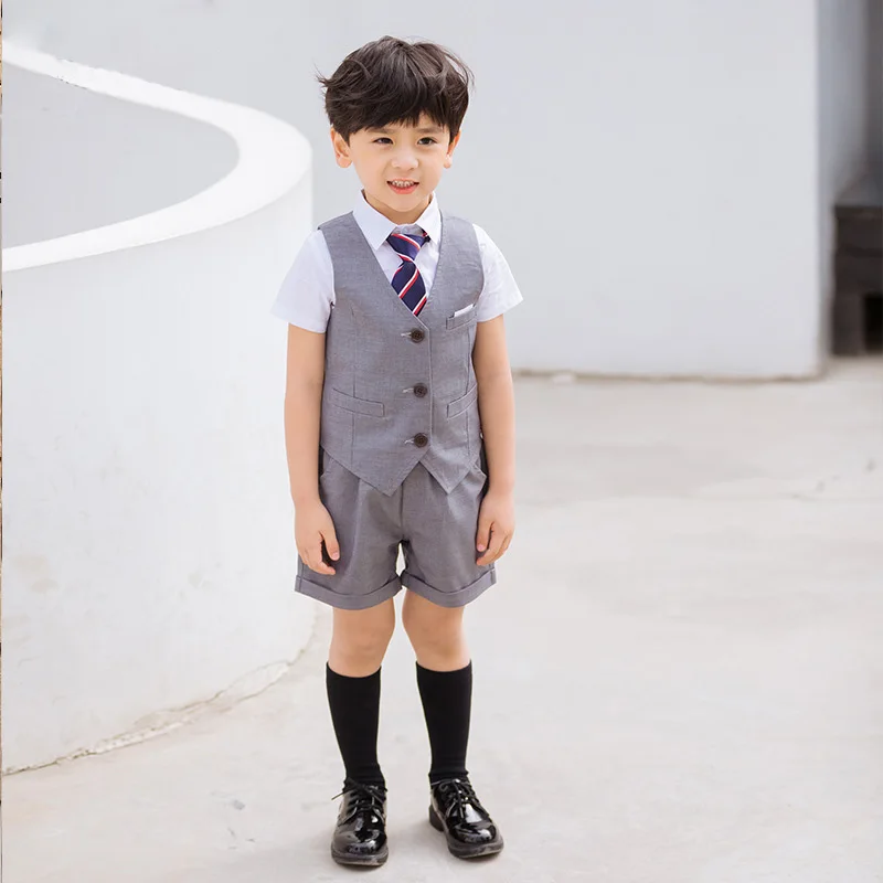 boys set Детская Корейская японская школьная форма для девочек и мальчиков, белая футболка серая юбка, шорты, жилет с галстуком, комплект одежды, Студенческие Костюмы - Цвет: boys set