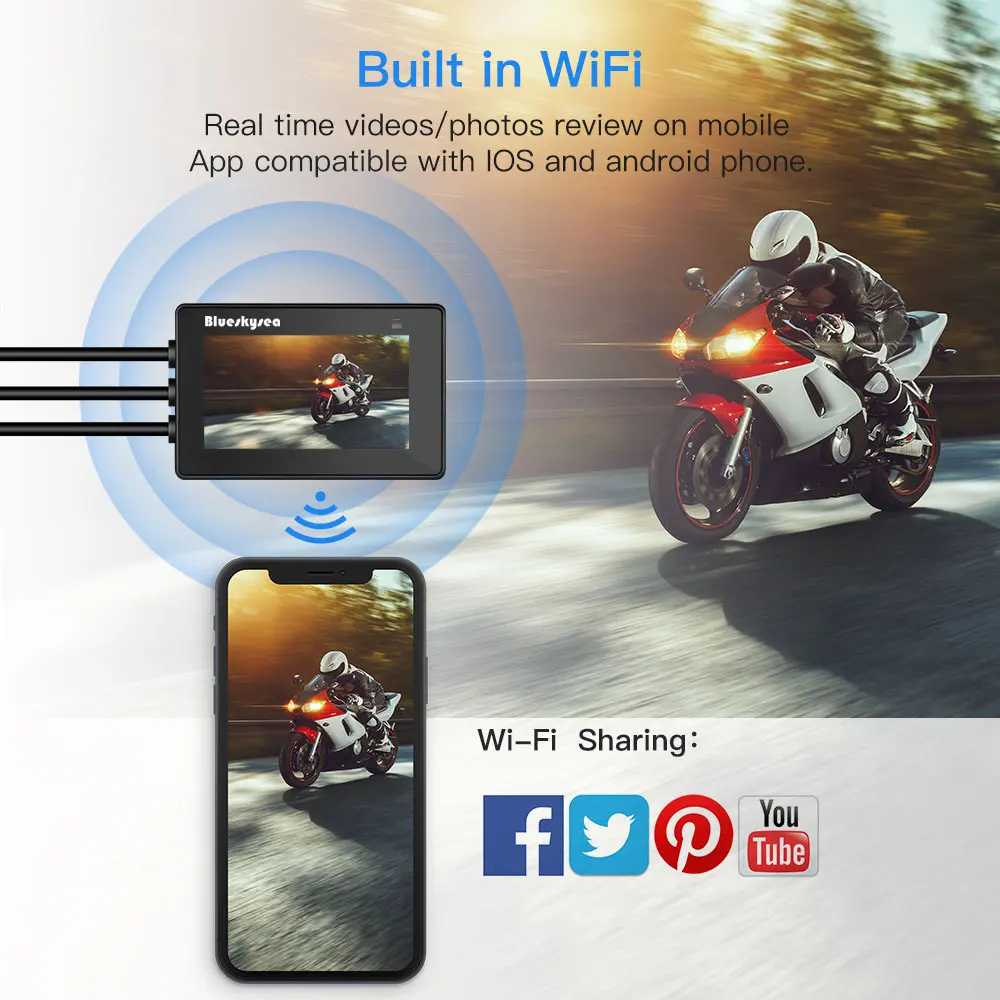 Blueskysea DV527 мотоцикл регистраторы Wi Fi Full HD 1080 P двойной камера 110 угол ночного