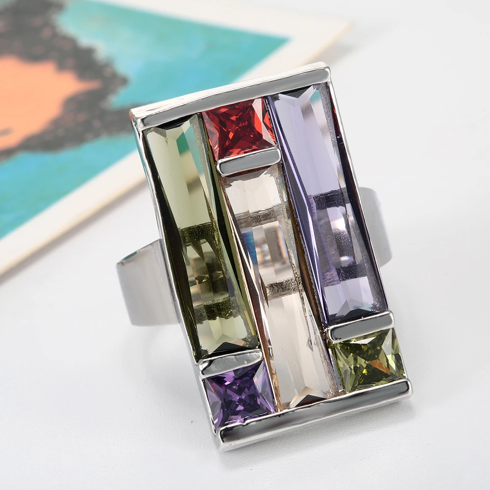 silver plated square ring for women fashion jewelry luxury design with green purple red yellow cz rings | Украшения и аксессуары