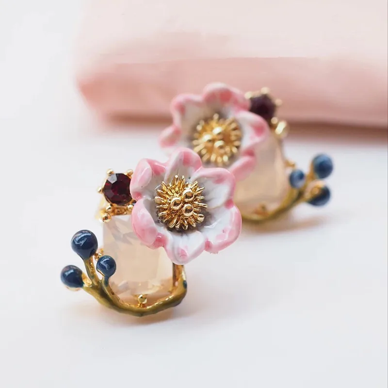 Amybaby Oriental розовый цветок граненый стекло и ягоды серьги гвоздики Enamell глазури украшения для вечерние