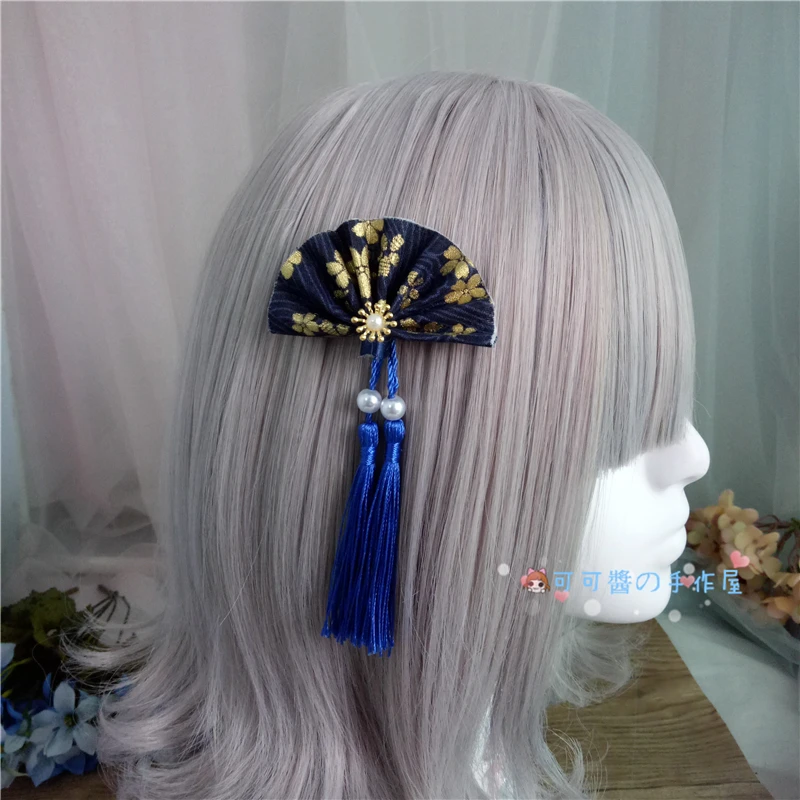 2pcs The fan fringe Античная hanfu кисточкой волосы "Лолита" японский и ветер вентилятор край клип шпилька темно синий бантом Сакура, играть роль ofing вкус - Цвет: 2pcs The fan fringe