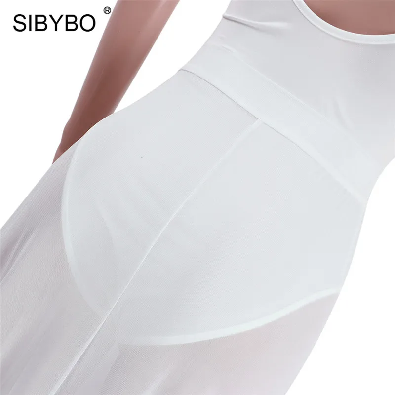 Sibybo Mesh Transparent Sexy Two Piece Set Bodysuit Women Sleeveless Backless Summer Romper Women Beach Casual Women Jumpsuit