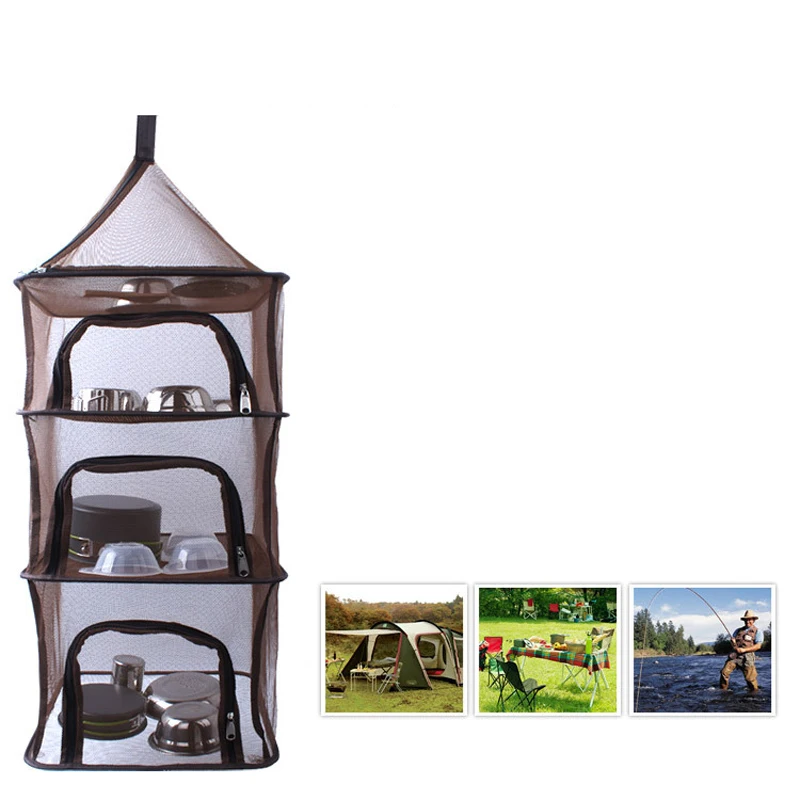 

New outdoor folding drying net multi-function four-layer storage basket tableware fruit and vegetables hanging cage drying fish