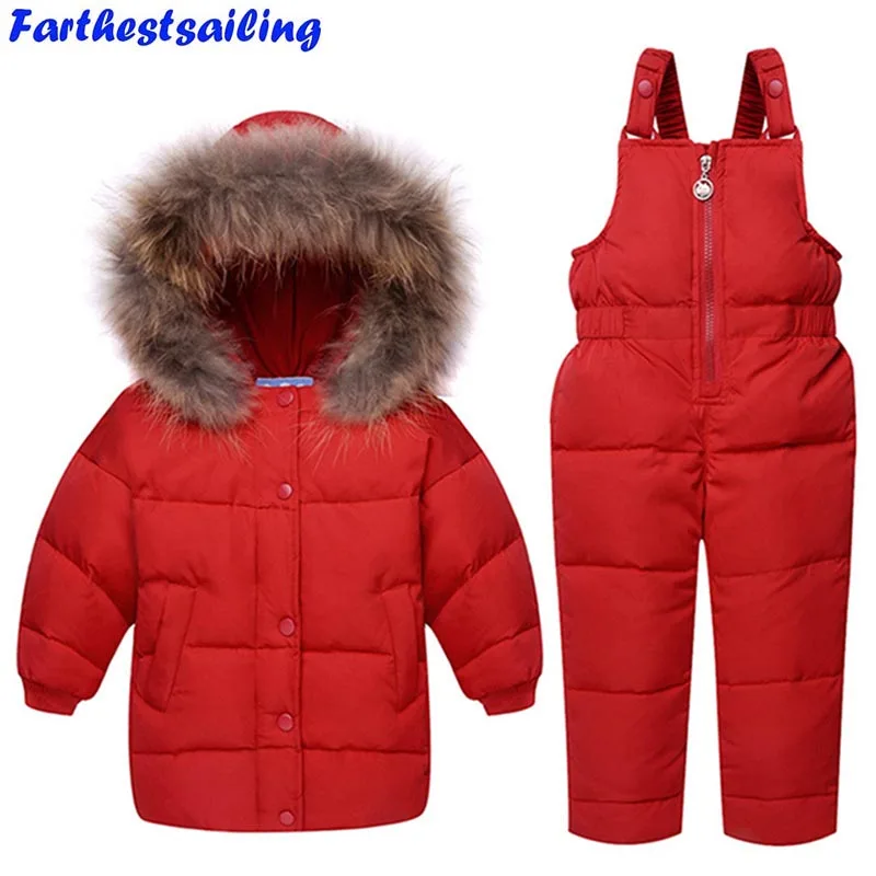 

Russian Winter Baby Duck Down Jacket Coats + Jumpsuit Girls Snowsuit Overalls for Boy Kids Snow Outfit Bebe Real Fur Hooded
