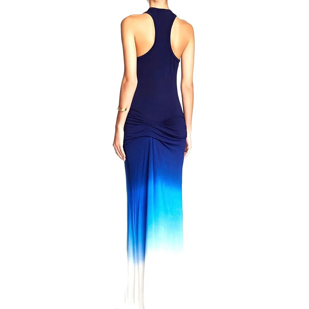 Fashion Dress Women Summer Autumn Beach Casual Sexy Gradient Backless Sleeveles Round Neck Long Dresses Plus Size | Женская одежда