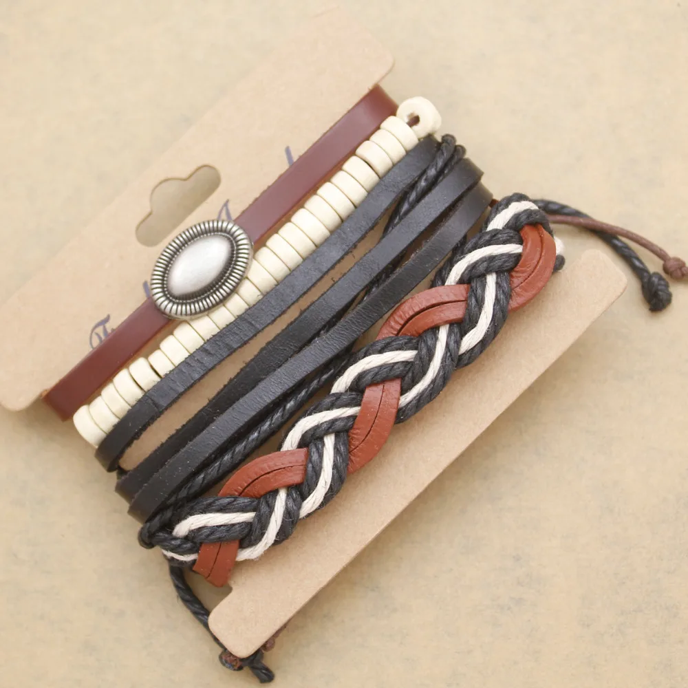 Набор из 4 плетеных веревок кожаный браслет с деревянными бусинами манжетами