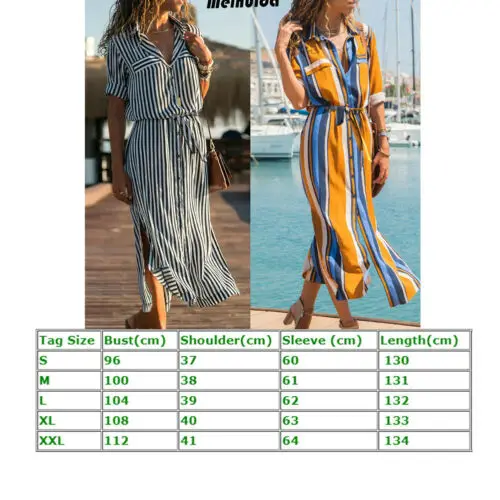 Женское платье рубашка в полоску Boho повседневное пляжное макси с длинным рукавом
