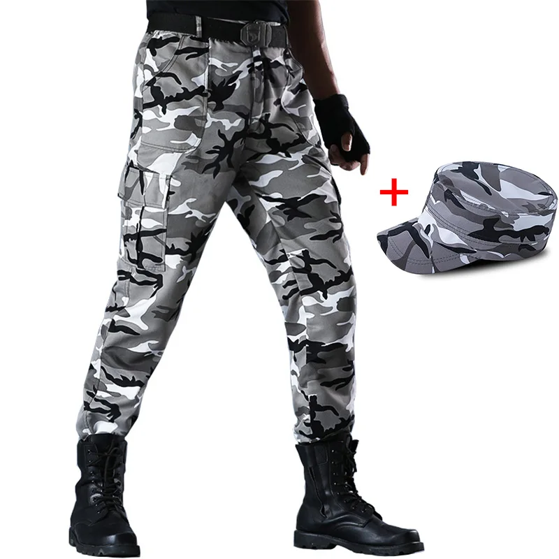 Snow With Cap Тактические мужские брюки-карго Commando, мужские военные брюки, Классические армейские брюки, штаны для бега, охотничьи джунгли, лесные штаны - Цвет: Snow With Cap