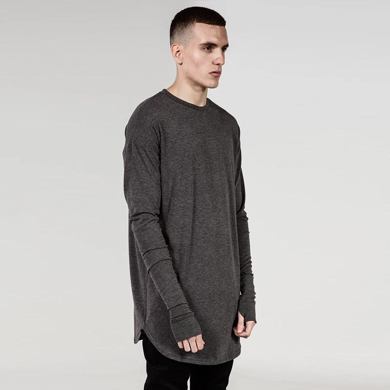 

New Arrival 2019 Spring Autumn Mens tshirts 100% cotton extend longline t shirt long sleeve white black colors clothing m417