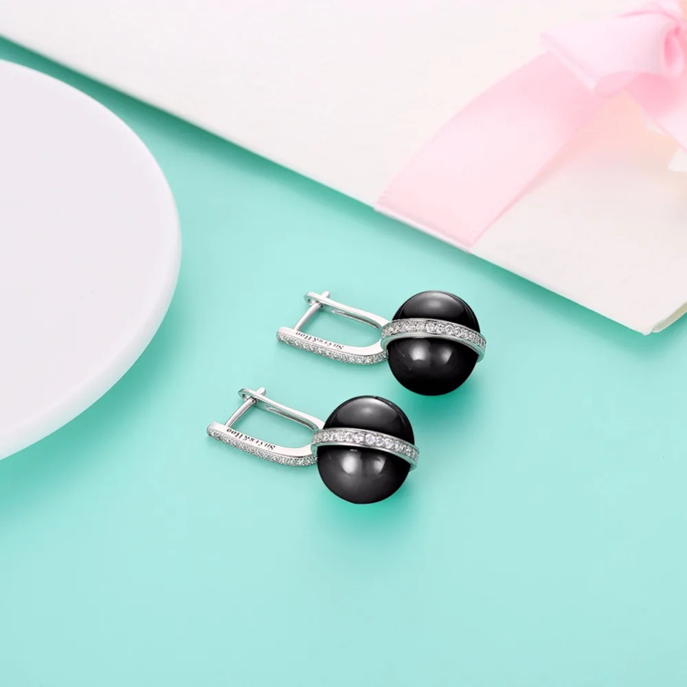 Women's Jewelry Fashion charm Drop Earrings 925 Sterling Silver 14mm White/Black Ceramic Bead Dangle gift box SE020 | Украшения и