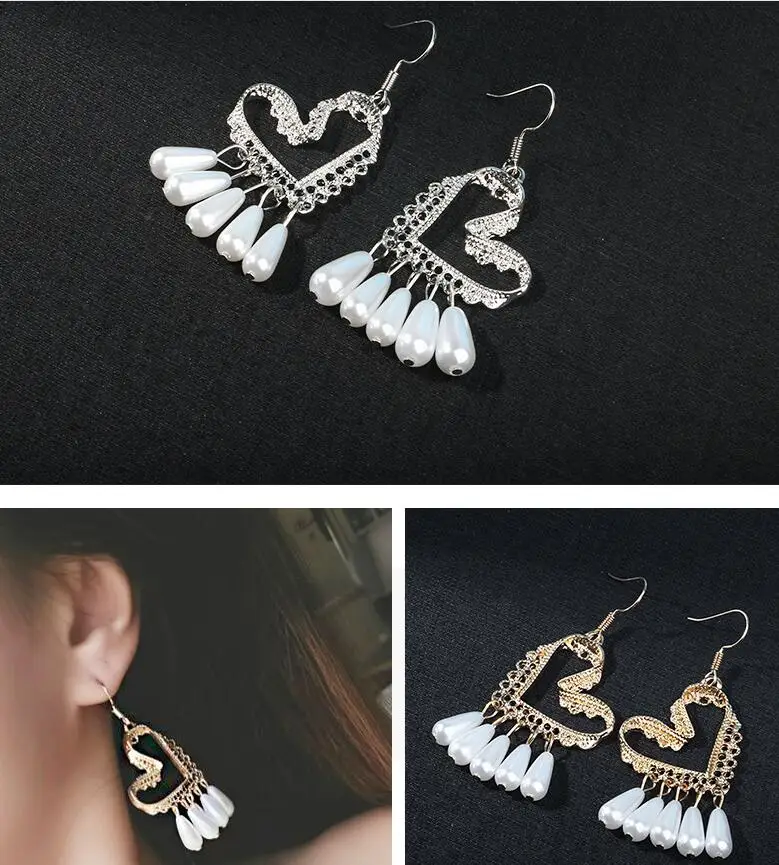 Fashion Rhinestone Love Heart Charm Pearl Tassel Pendant Earrings for Women Korean Jewelry Drop Dangle Earring Brincos | Украшения и