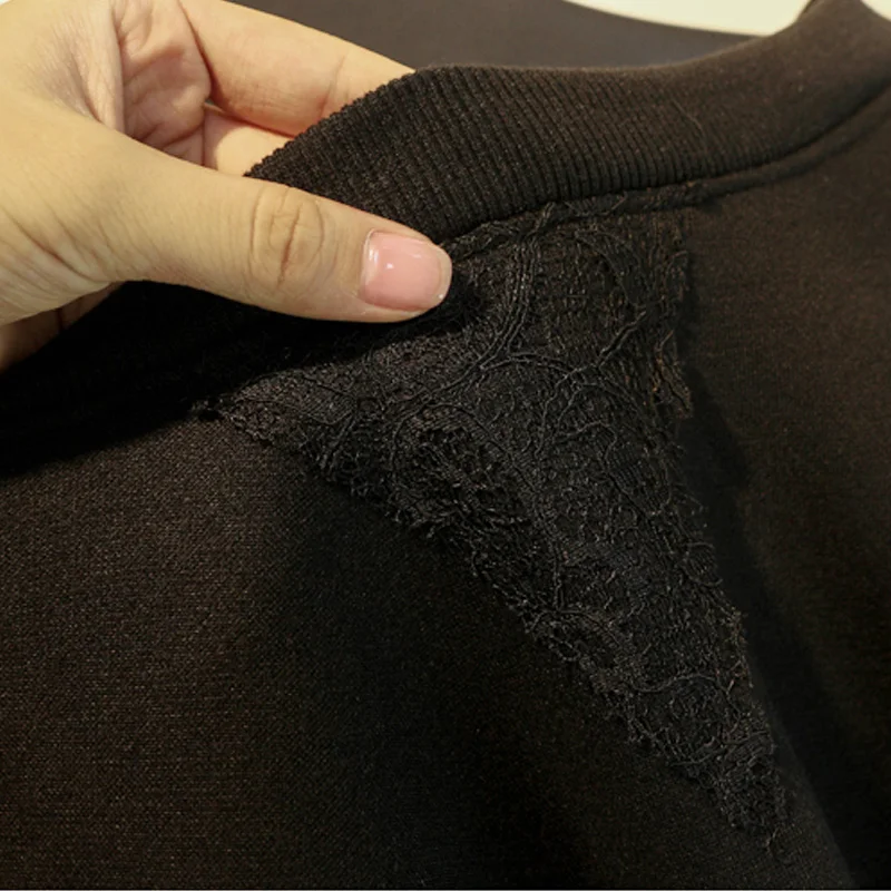 MUMUZI Large size 3XL women's black long-sleeved sweatshirts lace stitching large loose beading jackets style tops | Женская одежда