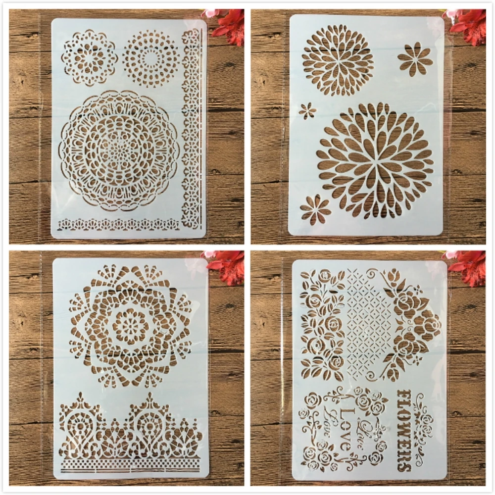 

4Pcs A4 Round Circle Flower Crown Edge Frame DIY Layering Stencils Painting Scrapbooking Stamping Embossing Album Card Template