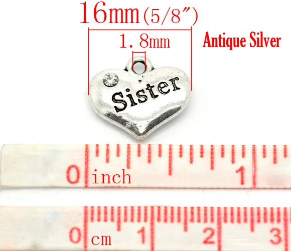 Doreen Box Милые Серебристые Стразы &quotSister&quot подвески шармы в форме сердца 16x14 мм (5/8