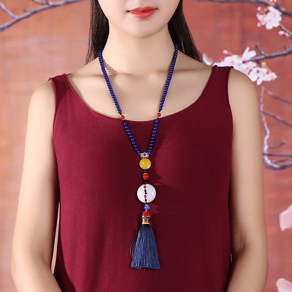 

Ethnic Taseel Handmade Pendant Necklace White Yellow Round J ade Buckle Red Stone Bead Alloy Flower Rope Woman Jewelry CL-17136