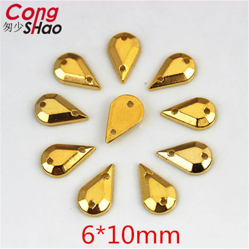 Cong Shao 100Pcs Gold Color Clear AB Drop Acrylic flatback Rhinestone stones and crystals sewing 2 Hole DIY Garment Button WC220 | Дом и сад