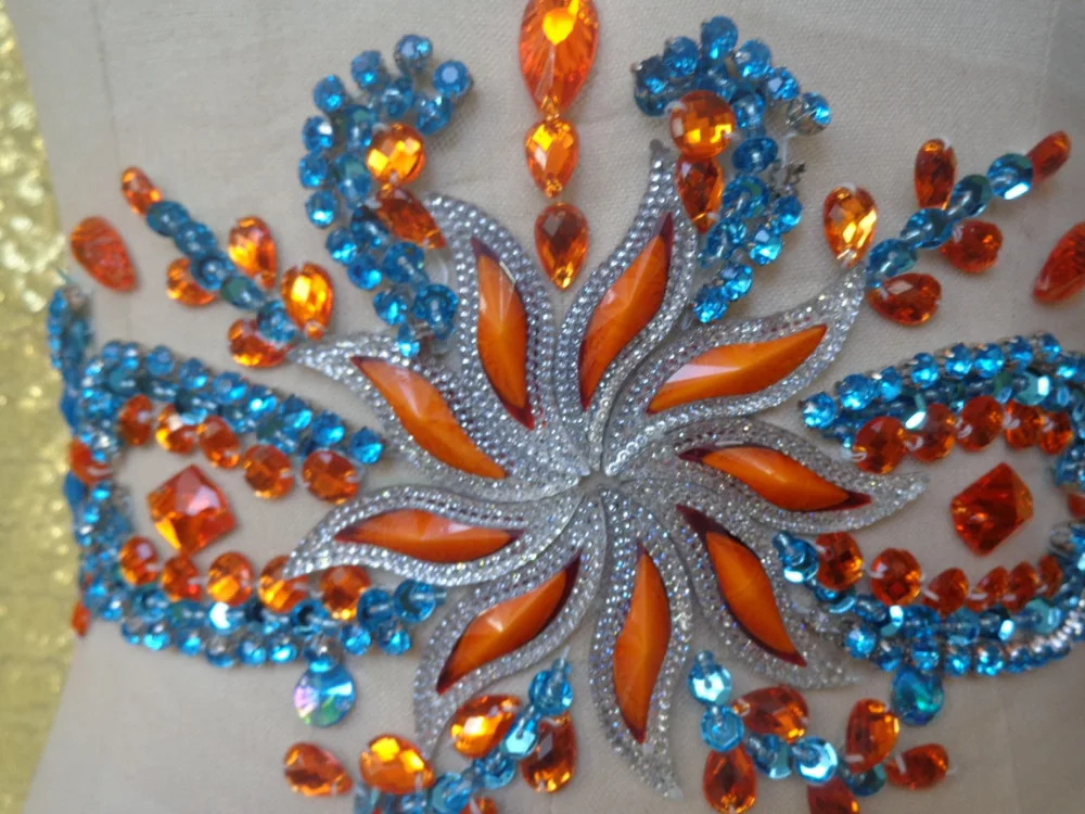 Оранжевый/небесно-голубой цвет ручной работы пришить стразы аппликация отделка