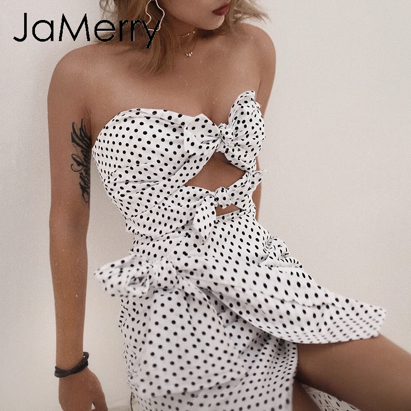 Женское винтажное короткое платье в горошек JaMerry белое мини с бантом летнее