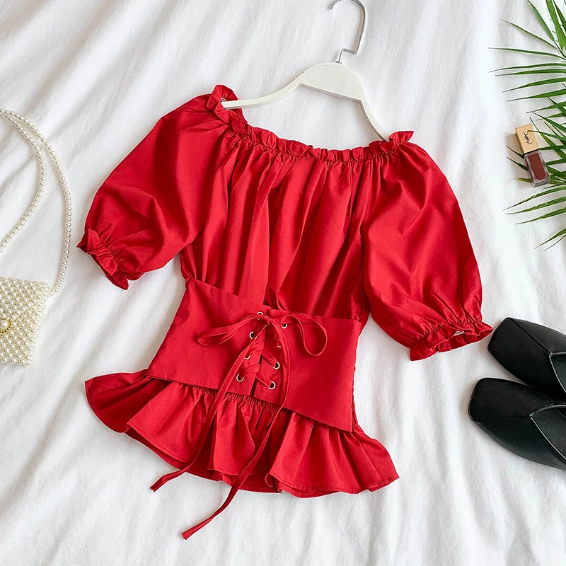 OCEANLOVE Solid Puff Sleeve Short Blouse Women Slash Neck Off Shoulder Top Shirt 2020 Summer Belt Lace Up Korean Blusas 11890 |