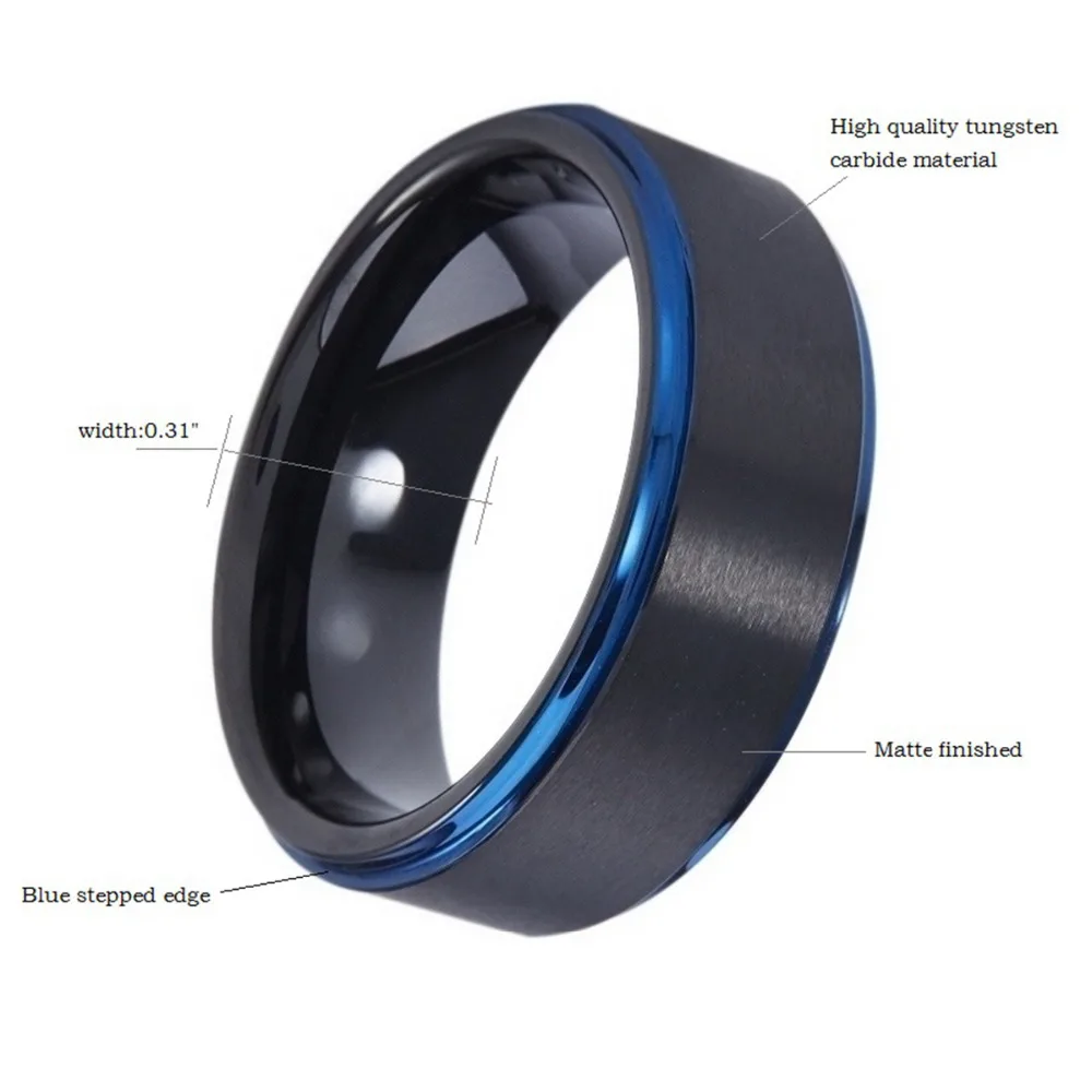 8 мм черный Вольфрам карбида обручальное кольцо с синий шагнул Край Матовый
