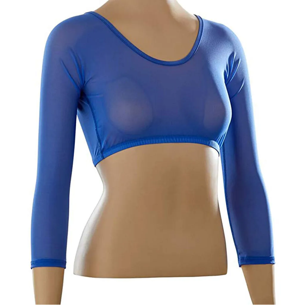 Women Both Side Wear Sheer Plus Size Three Quarter V-Neck Seamless Arm Shaper Crop Top Shirt Blouses#25