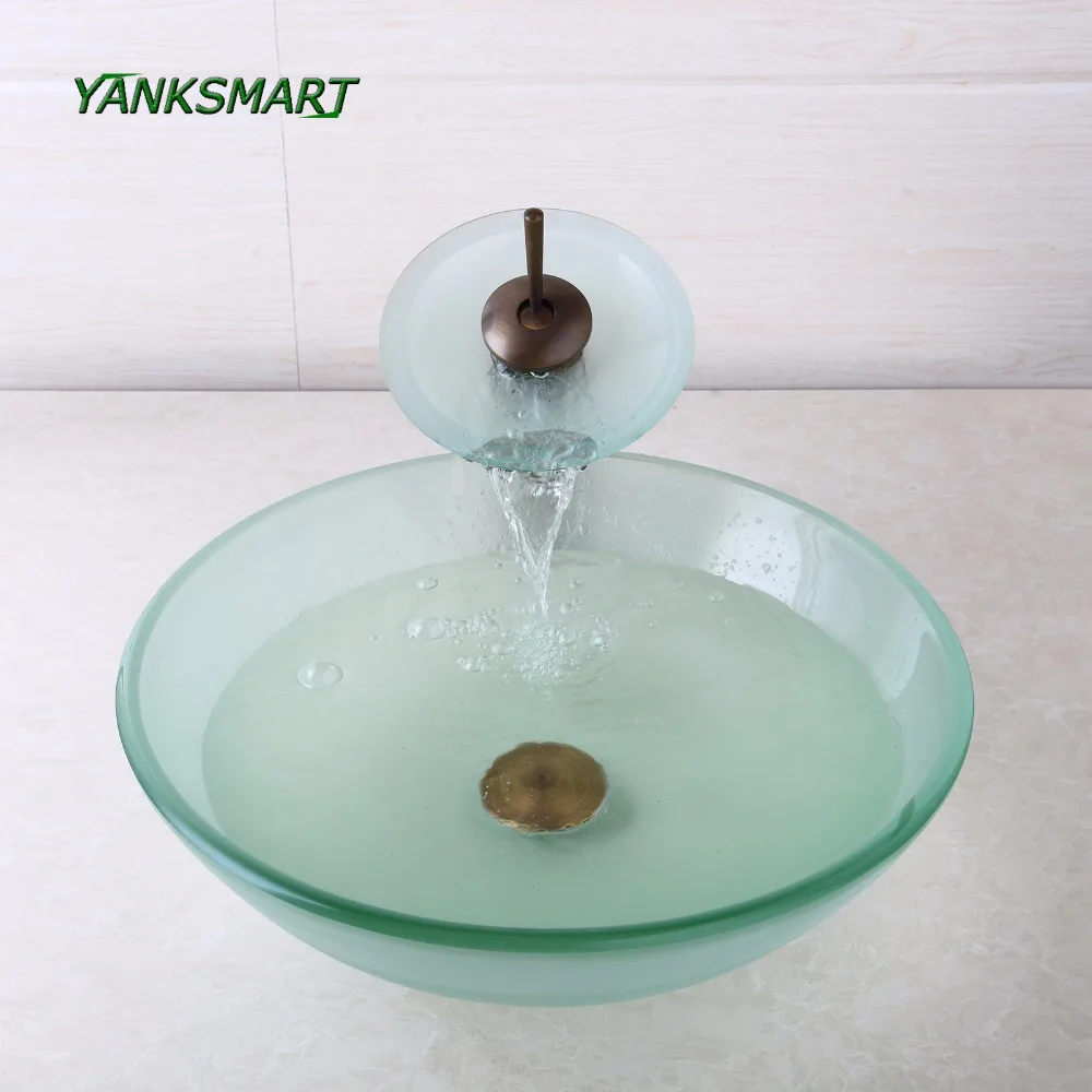 Yanksmart, для ванной комнаты раковина закаленный стеклянный сосуд круглая Раковина с водопадом античный медный кран для умывальника Набор Смеситель для ванной