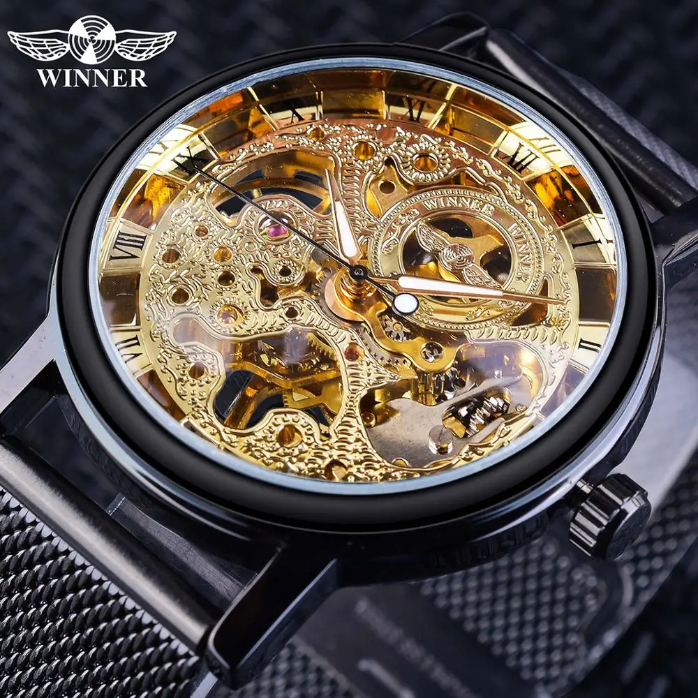Winner 2019 Relogio Masculino Mechanical Watch Mens Golden Skeleton Transparent Slim Steel Mesh Band Casual Watches Reloj Hombre | Наручные