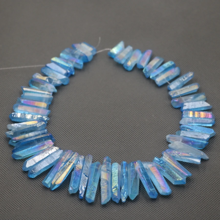 

Approx 54pcs/strand Natural Raw Blue AB Quartz Crystal Point Pendant Rough Top Drilled Spike Gem Beads Crystal Women Necklace
