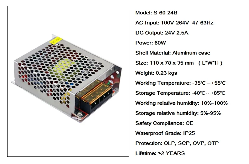 30 шт./лот лучшее качество 24V 2.5A 60W драйвер для светодиодной ленты AC110 ~ 220V к DC