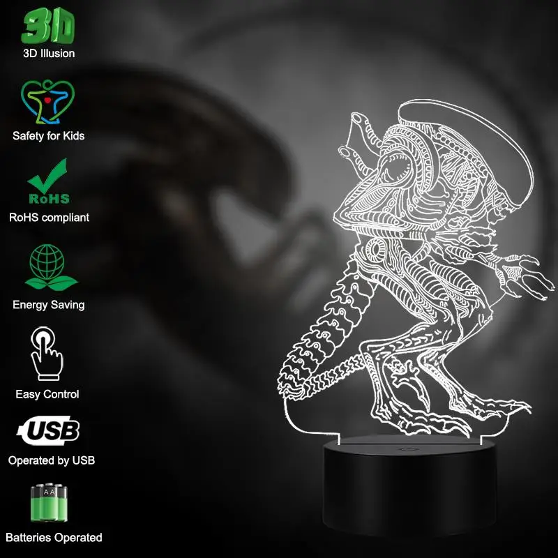 VCity чужой Xenomorph 3D Ночной светильник Luminaria потолочный светодиодный USB Многоцветный