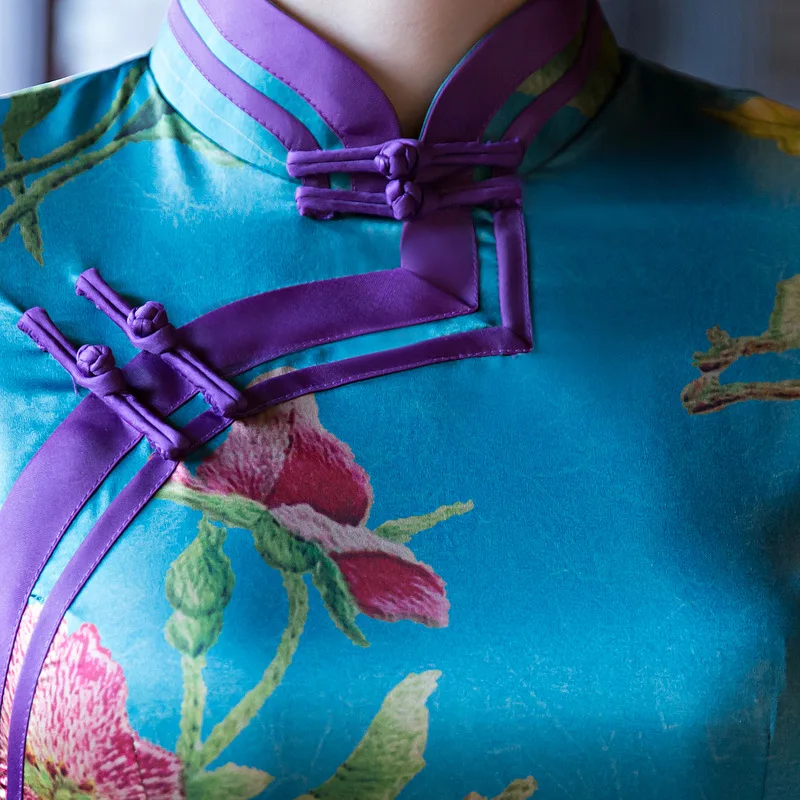 Изящное синее женское шелковое платье Qipao с цветочным принтом повседневное