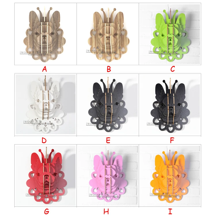 

1 set 9 Color Wooden Animals Head French Bulldog Creative Wall Hanging Artwork For Wall Decoration IW-WD008