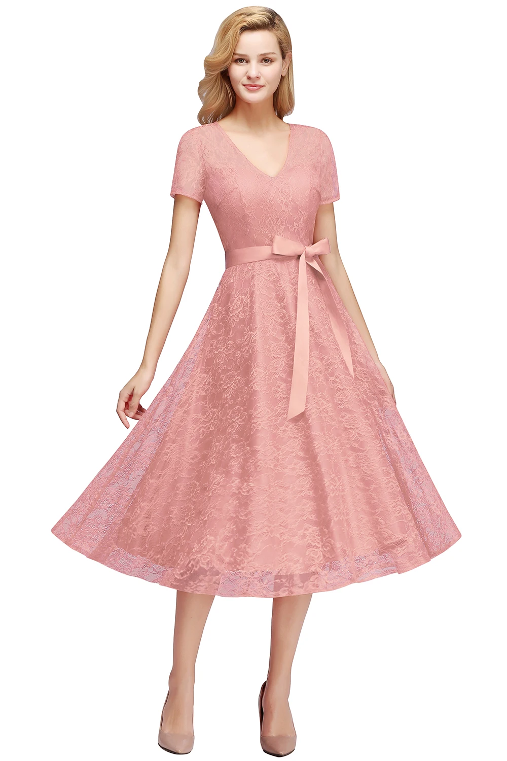 Vestido De Noiva, новинка, пыльно-розовое платье подружки невесты, плюс размер, короткое Кружевное ТРАПЕЦИЕВИДНОЕ ПЛАТЬЕ трапециевидной формы с v-образным вырезом, свадебное платье, официальное платье для выпускного вечера