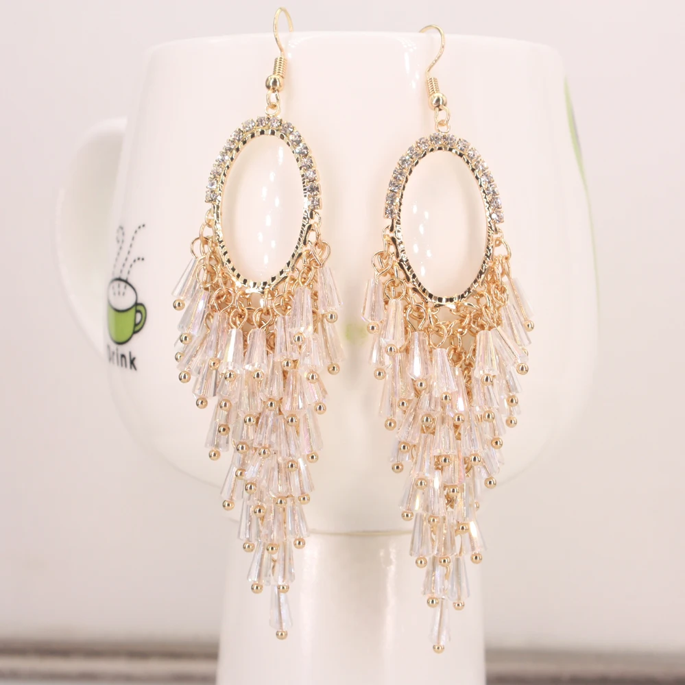Qusfy Винтаж Кристалл серьги с бахромой Бохо висячие Свадебные украшения подарки
