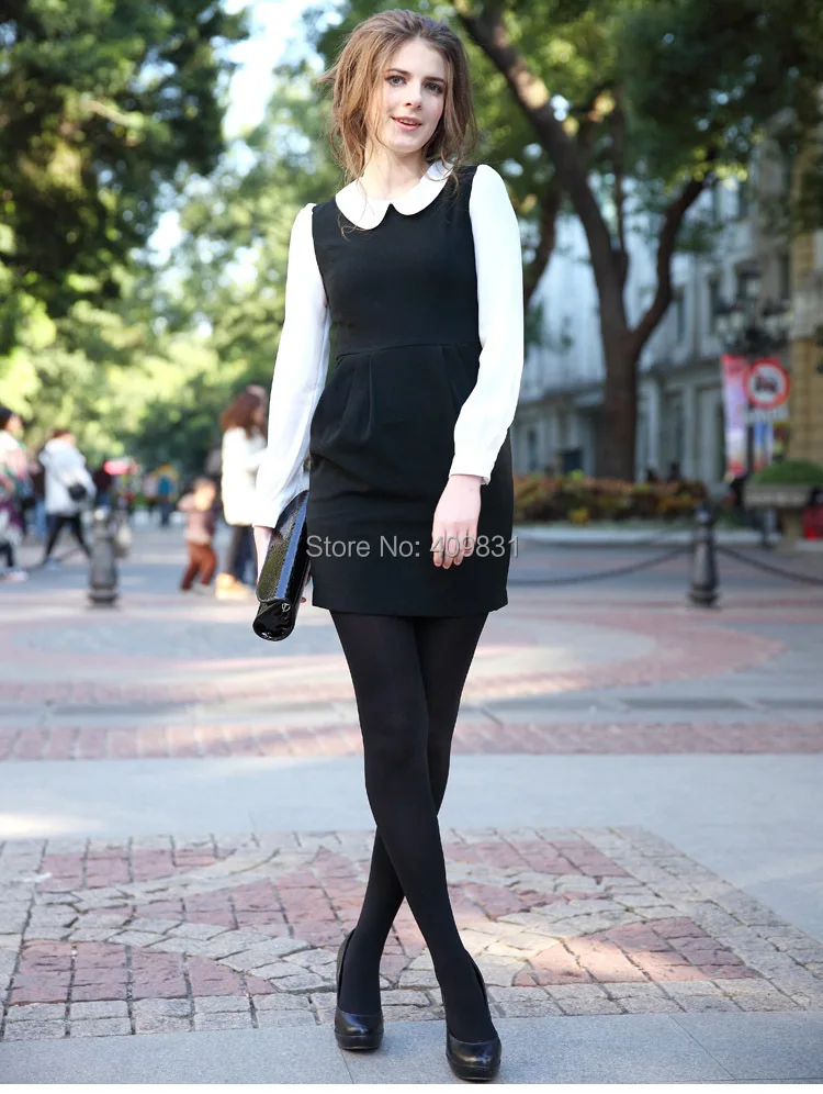 High quality!!! 2014 New Autumn Winter Warm OL Render Dress Black Contrast color Peter pan Collar Long Sleeve Women's Bud | Женская