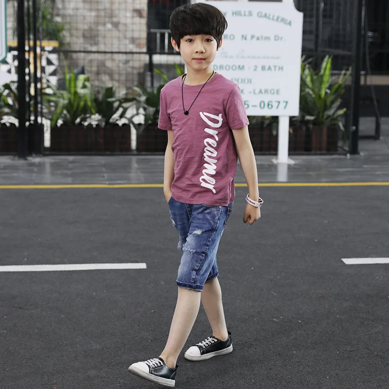 Летняя Детская Костюмы Комплект одежда Темно-синий пуловер с короткими рукавами