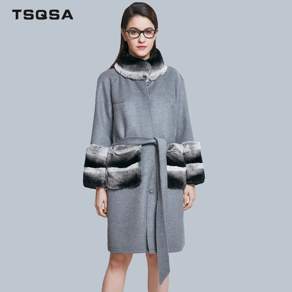 TSQSA Реальный Рекс Кролика Шуба Для Женщин Шерстяные Весенняя Мода Дамы Тренчи