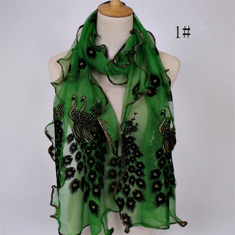 J077 1 Green YRRETY, дизайн, Женский шифоновый павлиньи перья цветы, вышитый кружевной стильный шарф, Длинный мягкий шарф, шаль, женский шарф - Цвет: J077 1 Green