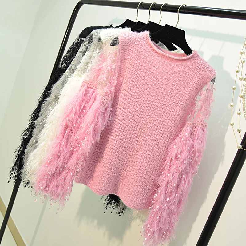 CHICEVER Knitting Mesh Lace Autumn Female Sweater For Women Top Pullovers Hollow Tassel Sweaters Jumper Clothes Fashion Korean | Женская