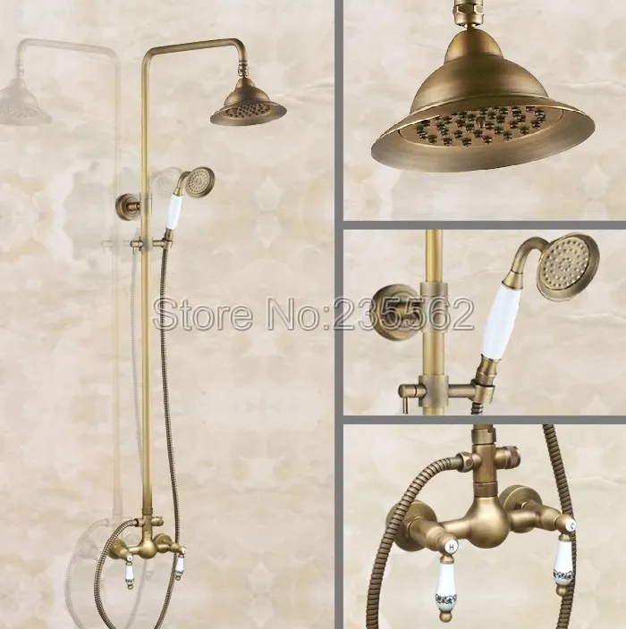 

Wall Mounted Bathroom Antique Rainfall Shower Faucet Set With Ceramic Handheld Spray Wall Mounted Brass Finish Mixer Tap lan110