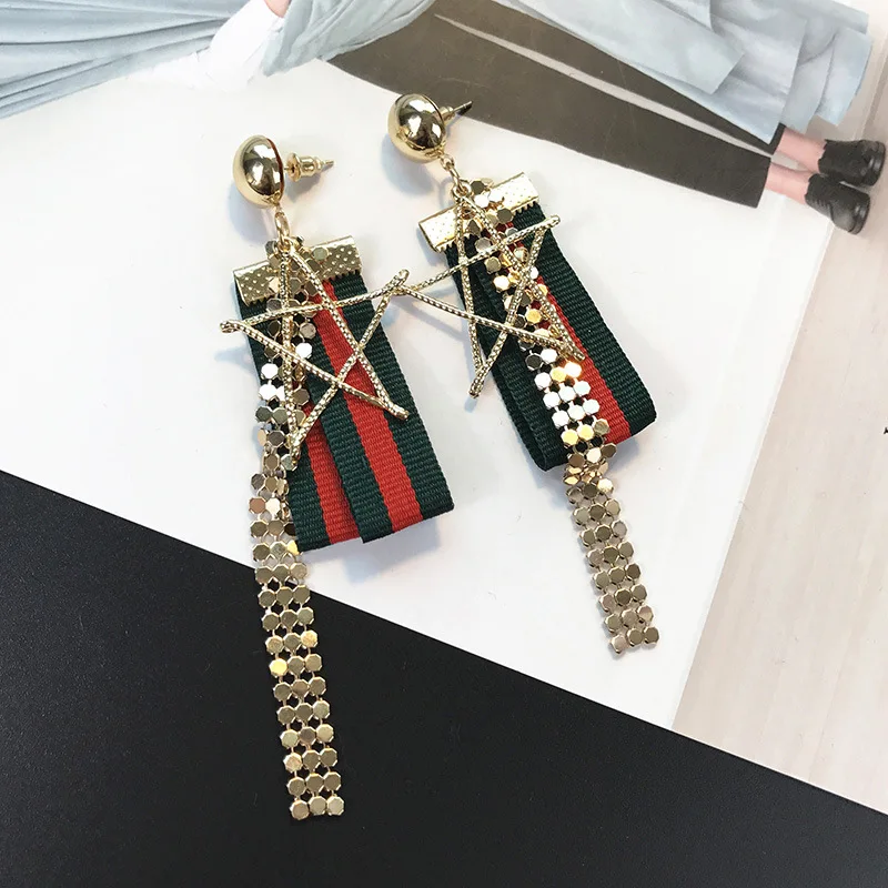 Korean Women Big Star Drop Earrings Stripe Ribbon Pentagram Long Chain Tassel For Girls Party Jewelry | Украшения и аксессуары