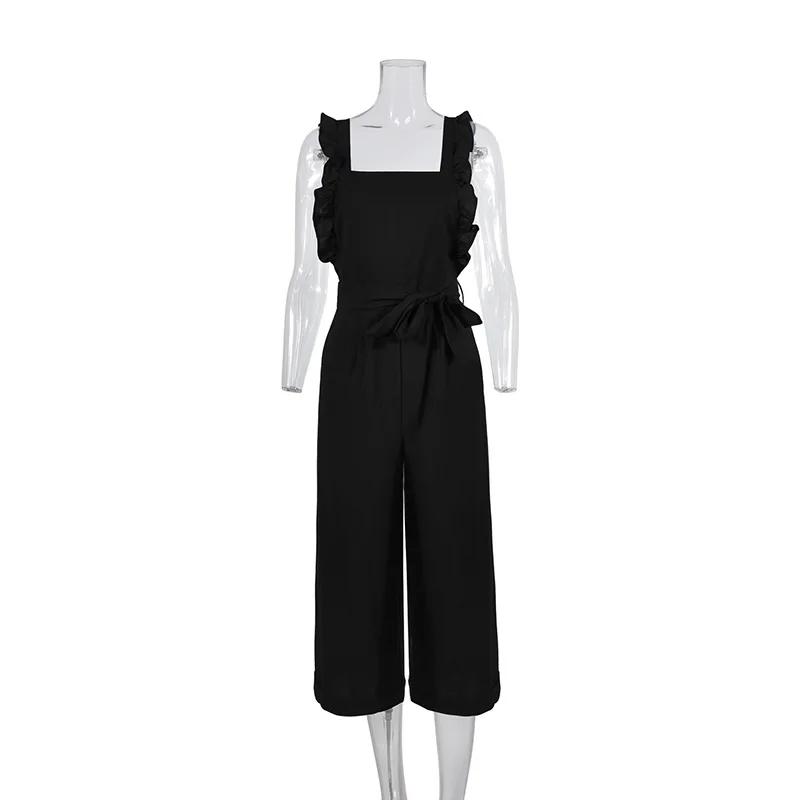 

Echoine Women Jumpsuit Bandage Solid Spaghetti Straps Sleeveless Bodysuit Front Tie Ankle Length Pant Casual Women Romper