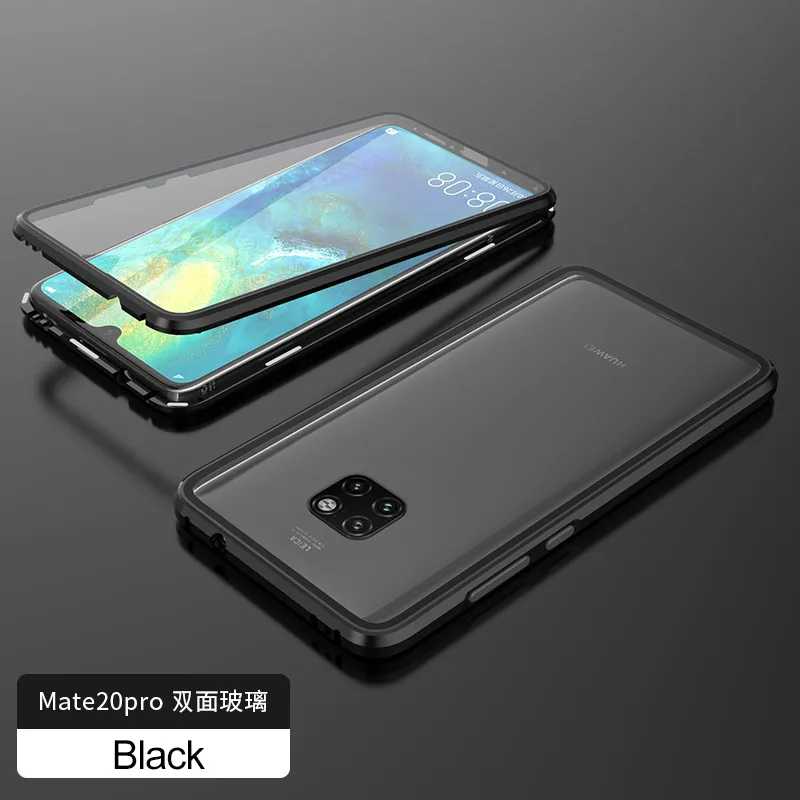 Black Двухсторонний чехол из закаленного стекла с магнитной адсорбцией для huawei mate 20 Pro P20 Pro Honor V20, металлический чехол с полной защитой корпуса - Цвет: Black