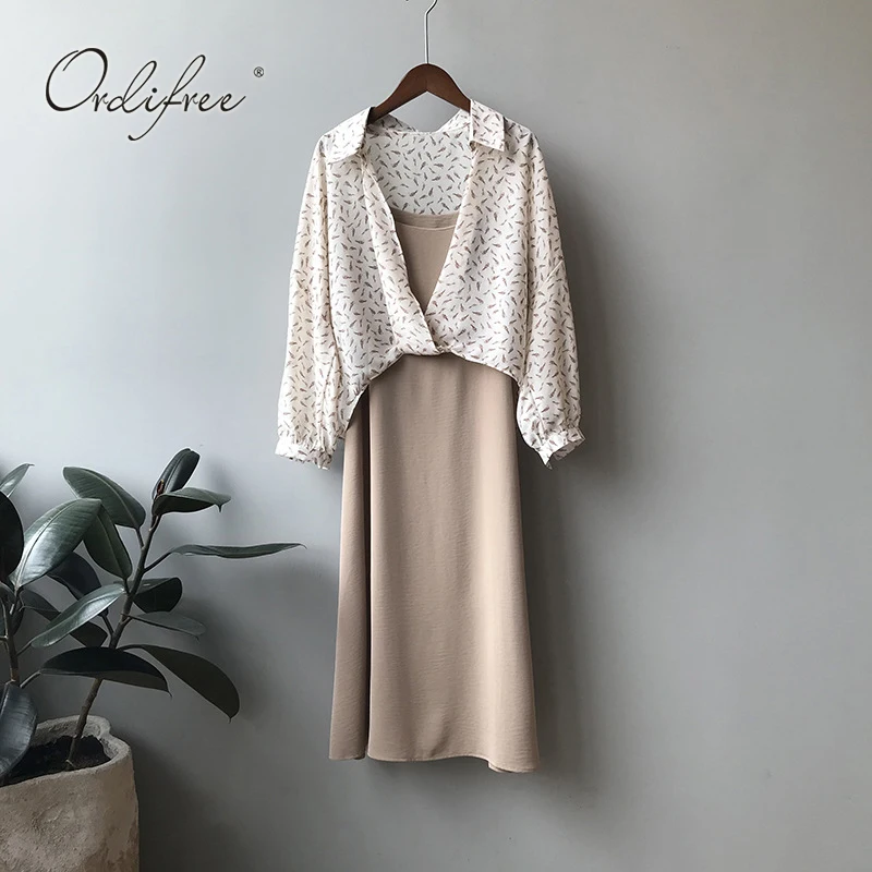 Ordifree Summer Women 2 Piece Set Dress Spaghetti Strap Long Slip Dress Boho Floral Print Blouse Shirt Top
