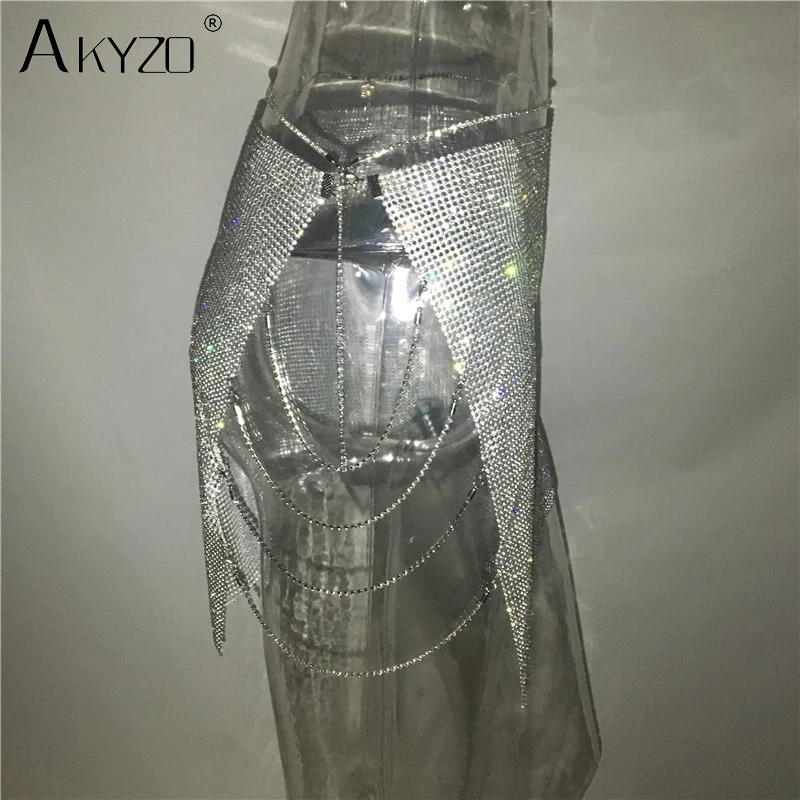 AKYZO, роскошная, стразы, цепочка, сплав, юбка для женщин, линия, сексуальная, для ночного клуба, ручная работа, блестящая, открытая, вилка, посылка, бедра, мини юбки