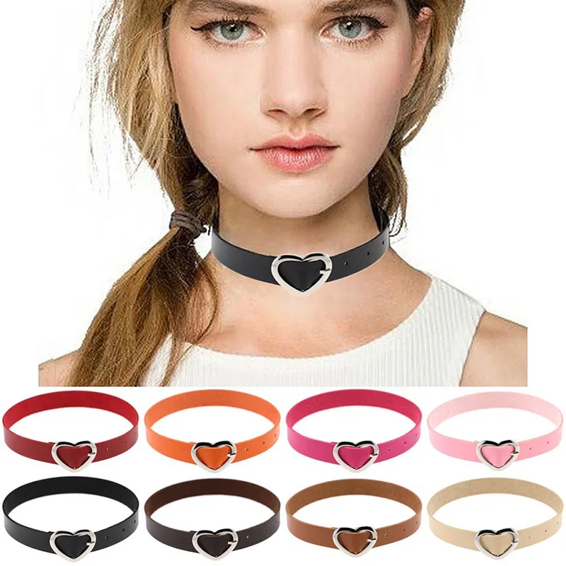 

2016 Newest Bijoux Punk Jewelry Women Rivet Choker Necklace PU Leather Heart Harajuku Grunge Funky Heart Buckle Goth Necklace