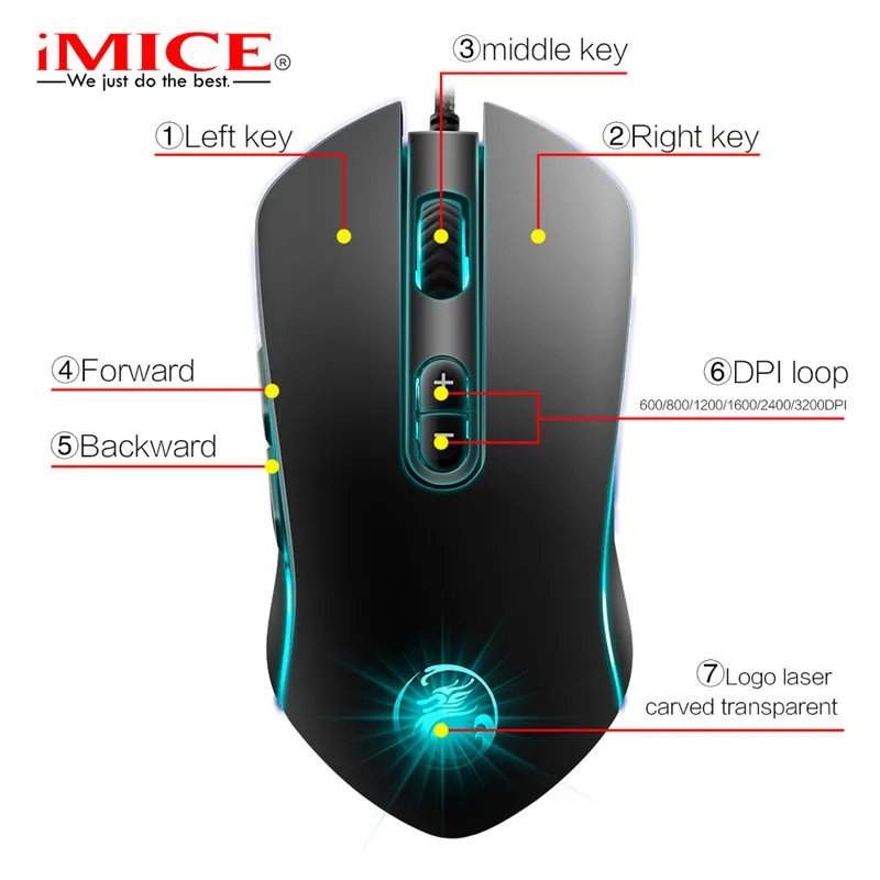 IMICE A6 Профессиональный Проводная игровая Мышь 7 кнопок 3200 Точек на дюйм