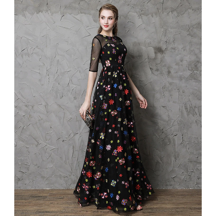 CEEWHY O-Neck Floral Embroidery Black Evening Dresses Long Prom Abiye Vestido de Noche Vintage Dress Half Sleeve | Свадьбы и