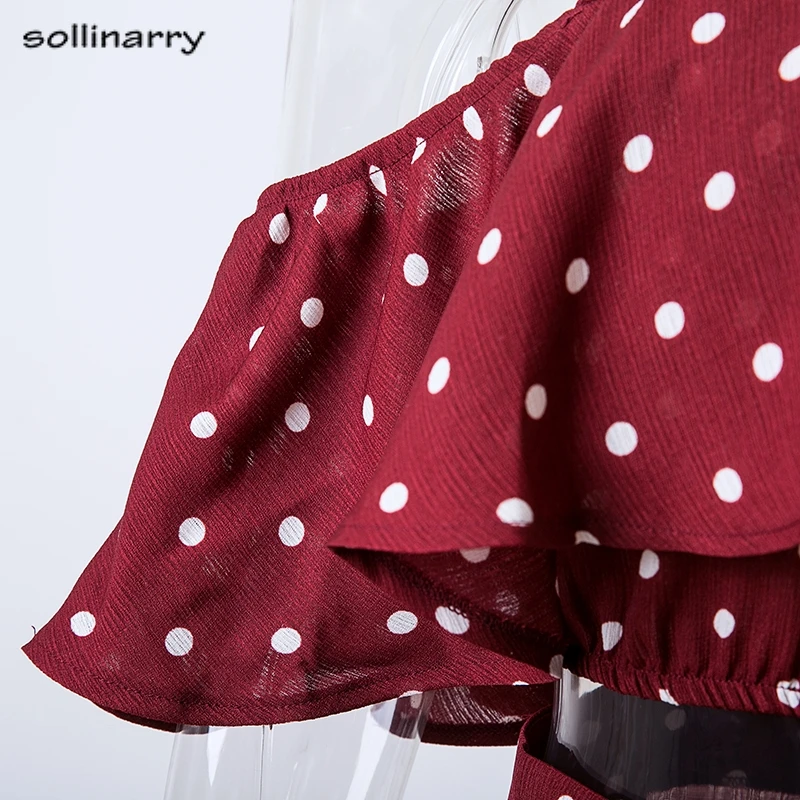 Sollinarry Polk Dot красное женское длинное платье с открытыми плечами шифоновое винтажное повседневное летнее макси платье с рюшами сексуальные платья в стиле бохо Vestidos