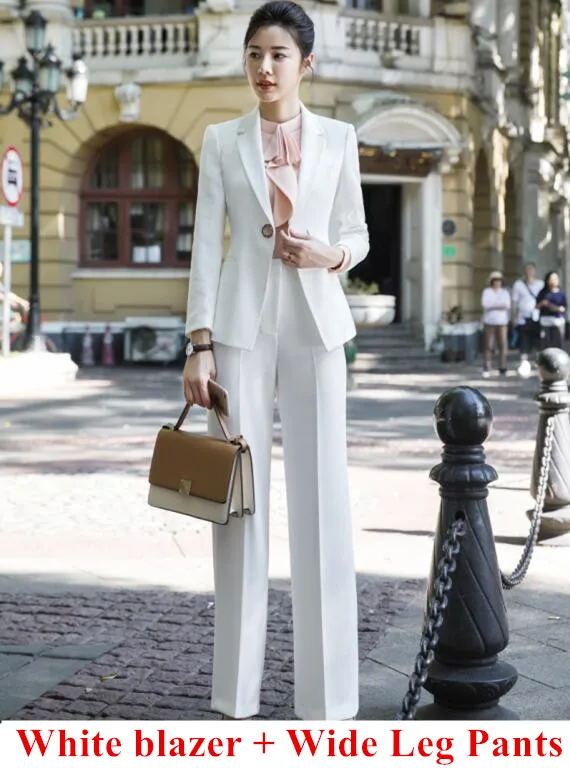 Wide Leg Pants suits Модные черные и белые брюки, костюмы для женщин, новинка, формальный бизнес стиль, длинный рукав, Тонкий Блейзер и брюки, Офисная Женская одежда для работы - Цвет: Wide Leg Pants suits
